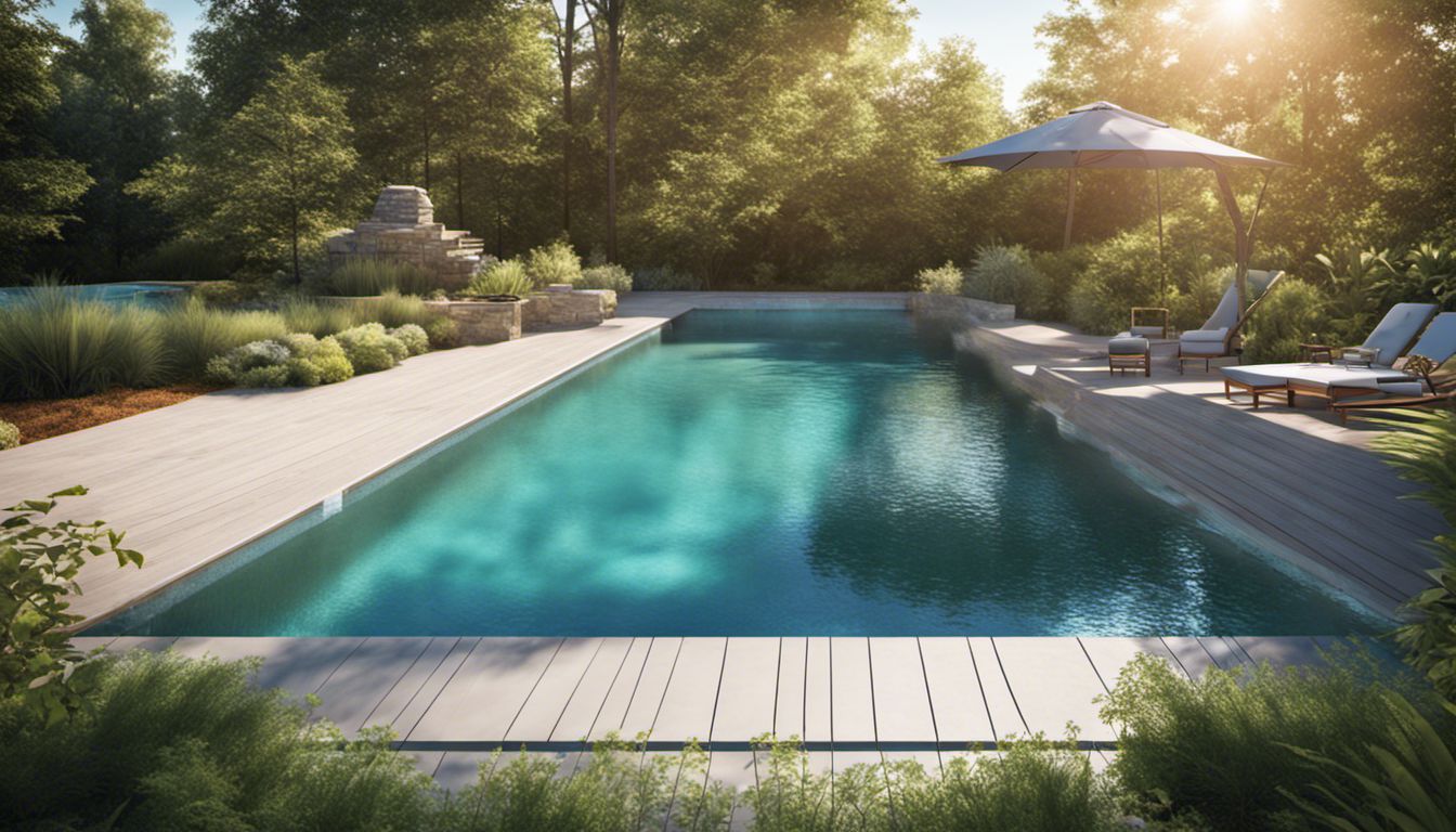 A well-maintained pool deck with pool cover equipment and lush greenery.