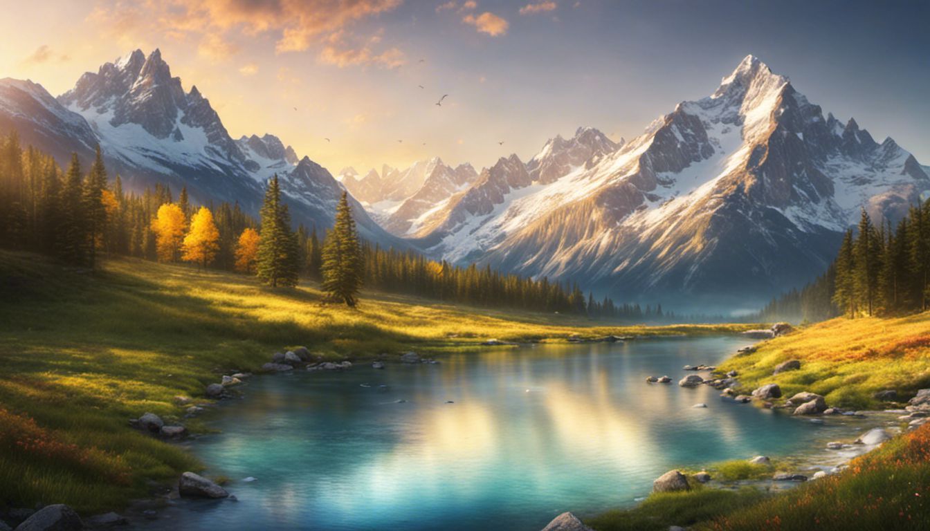 une scène paisible de montagne avec un lever de soleil doré, mettant en valeur les sommets enneigés, les prairies alpines et une rivière cristalline.