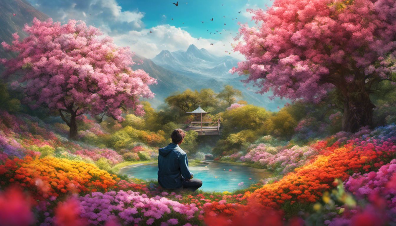 une personne assise en tailleur dans un jardin vibrant, entouré d'une mer de fleurs en fleurs, capturant l'essence d'un sanctuaire serein et coloré mettant l'accent sur la beauté naturelle plutôt que sur la présence humaine.
