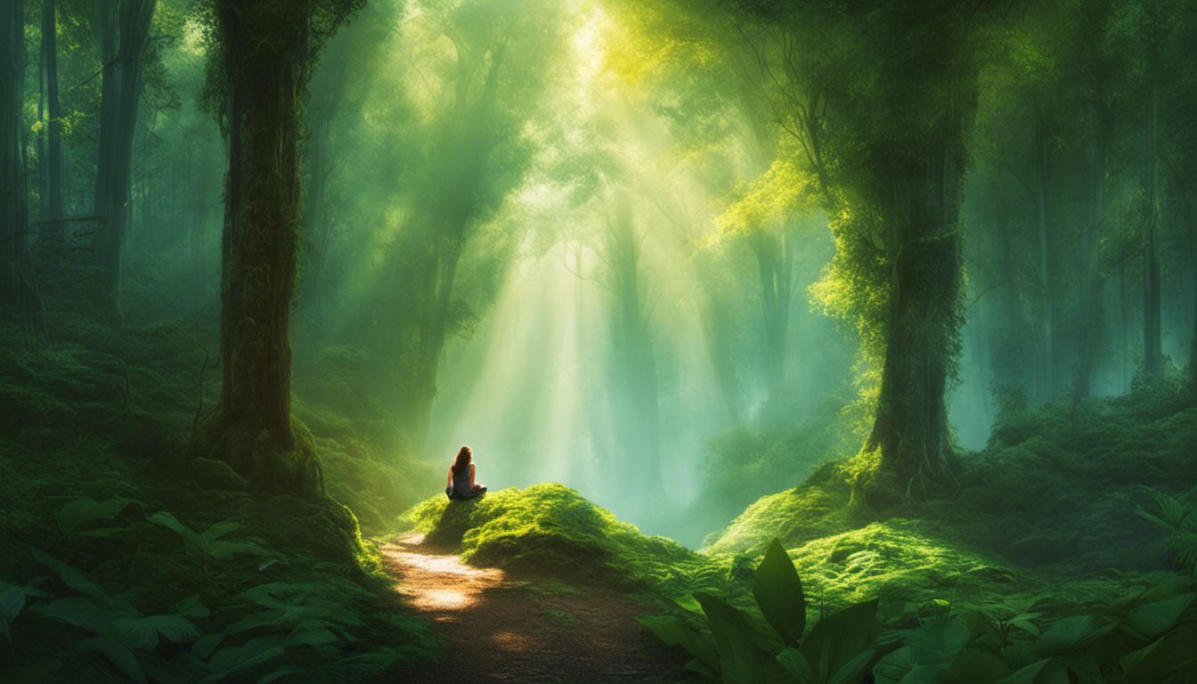 une personne assise paisiblement dans une forêt luxuriante, baignée de lumière et entourée par la nature qui l'apaise.