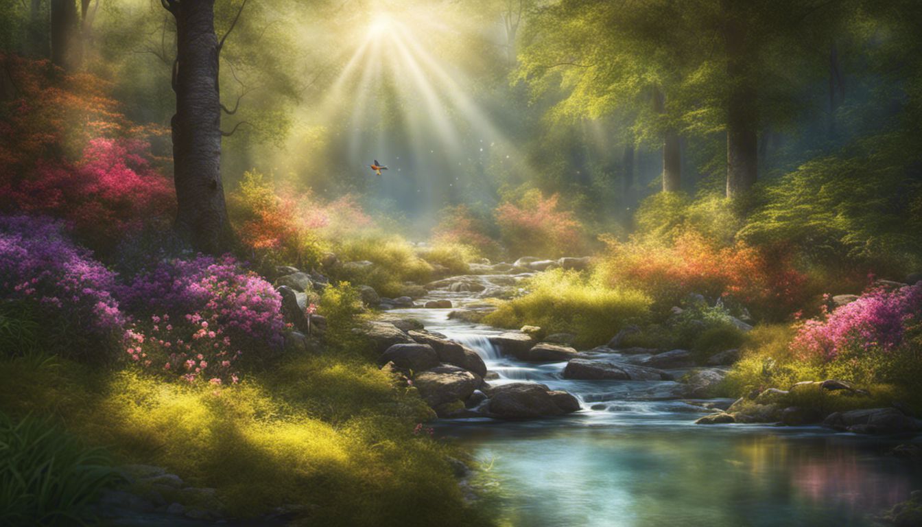 une forêt paisible avec un ruisseau, des oiseaux chantant et des fleurs colorées, capturant la sérénité et la beauté de la nature.