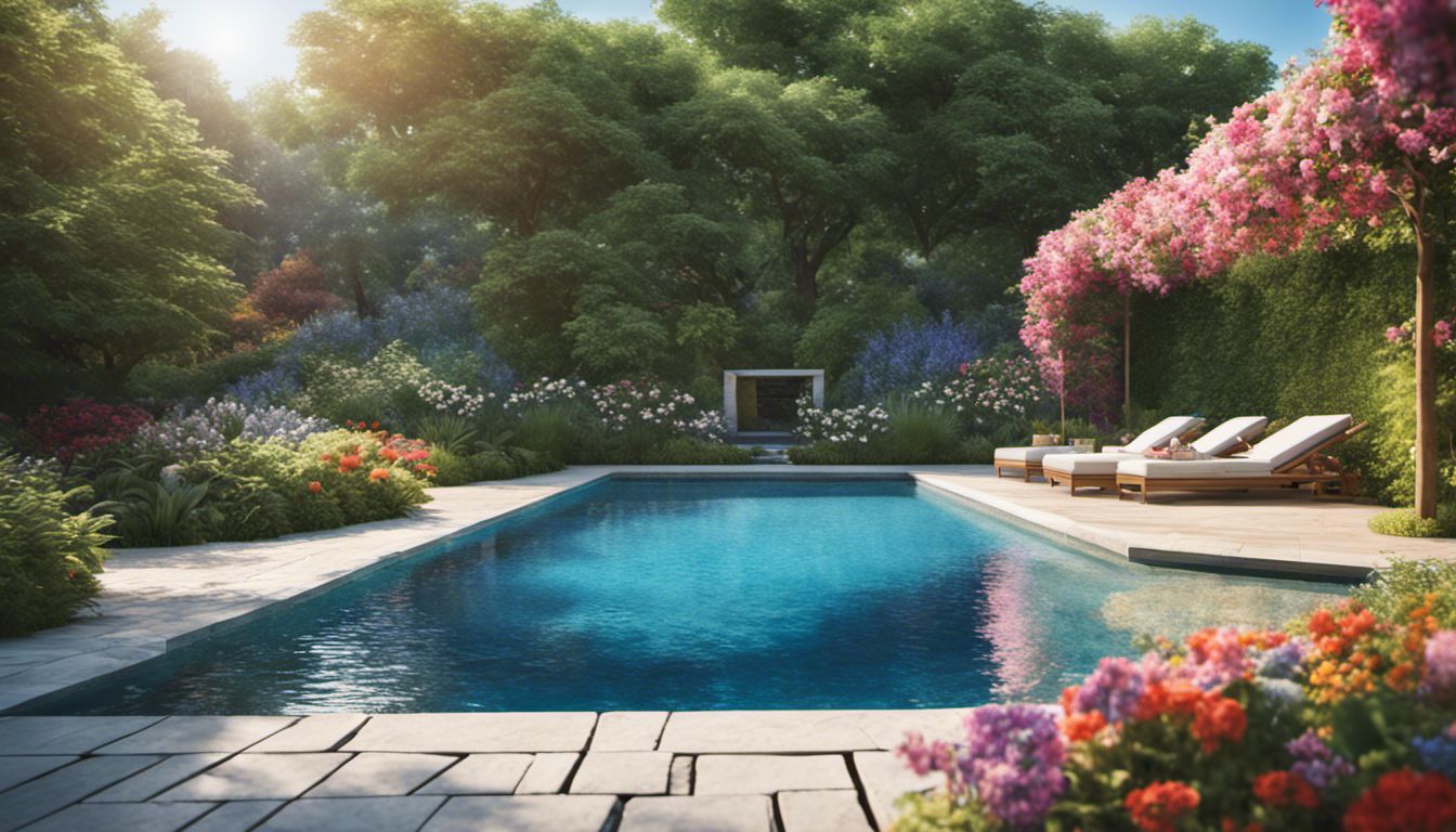 A serene swimming pool surrounded by a vibrant garden bursting with flowers.