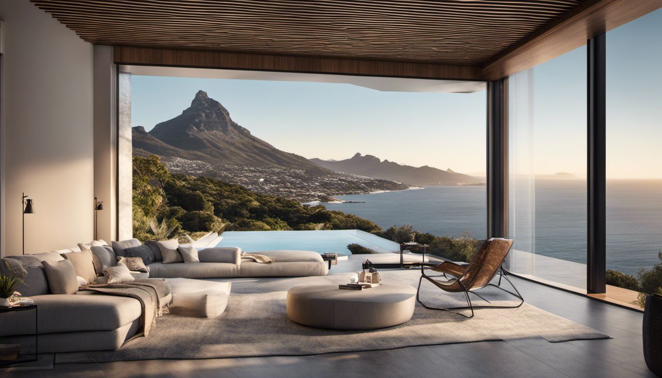 The image showcases a luxurious guest house in Cape Town with a modern design and stunning views of the mountains and ocean.