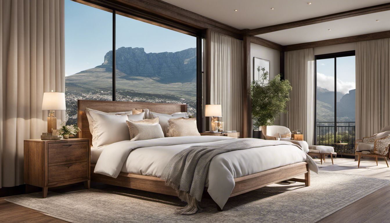 A stylishly furnished guest bedroom with floor-to-ceiling windows providing a stunning view of Table Mountain.