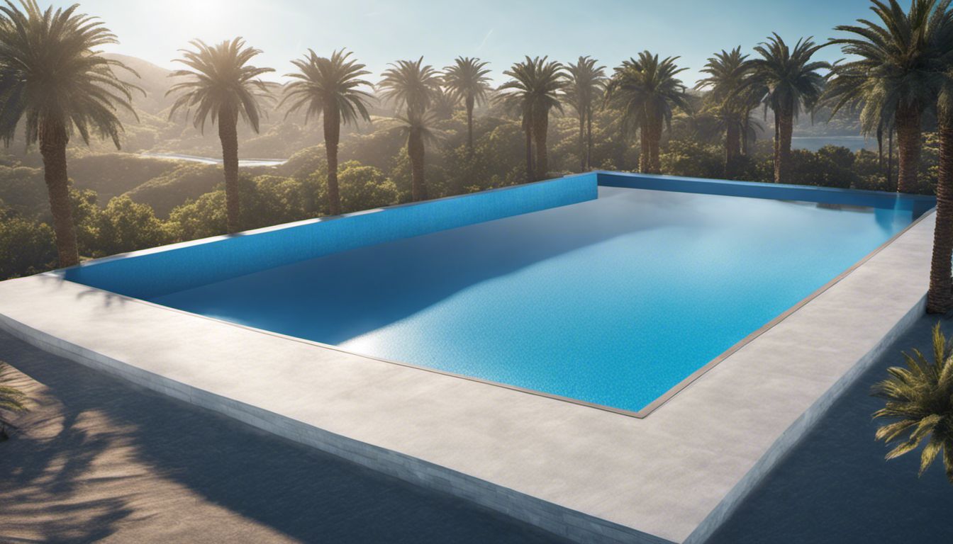A rectangular swimming pool covered with a blue pool cover.