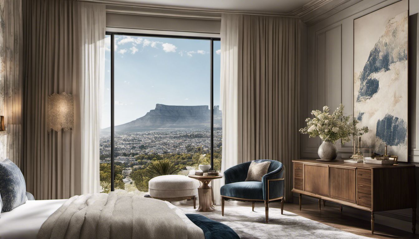 A serene and luxurious guest bedroom with stunning views of Table Mountain, adorned with elegant decor and delicate porcelain accents.