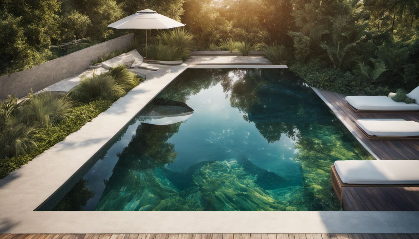 A picturesque infinity pool with a designer cover amidst lush greenery.