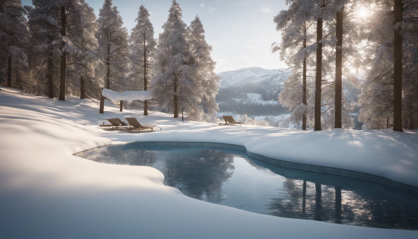 A snow-covered pool in a serene winter landscape surrounded by trees.