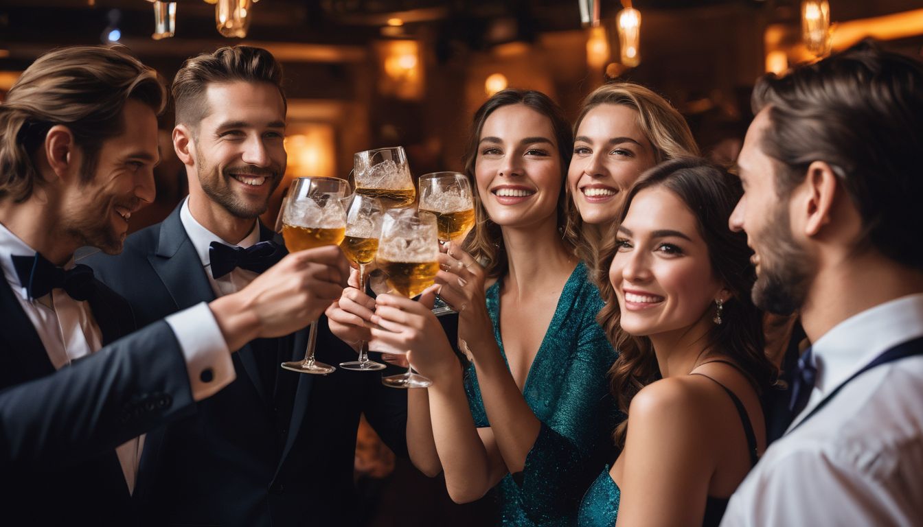 Eine Gruppe von Menschen feiert und hebt ihre Gläser in einer eleganten Cocktailparty.