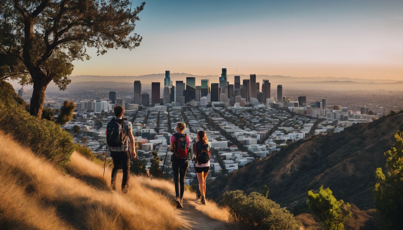 Eine Gruppe von Freunden wandert in den Hollywood Hills und genießt den Blick auf die beeindruckende Skyline von Los Angeles.
