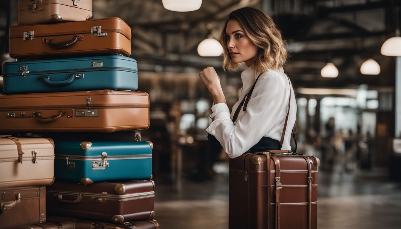 A woman stands next to a stack of suitcases, looking thoughtful.