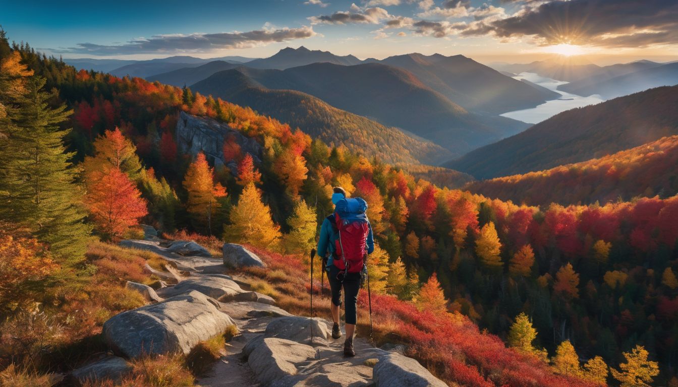 A person hiking through a colorful mountain trail surrounded by fall foliage.