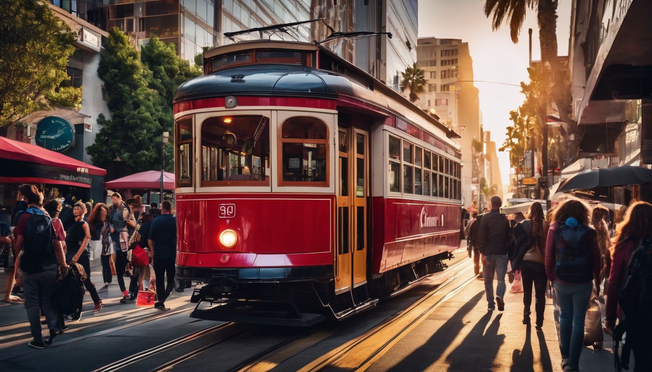 Foto von Menschen, die in Los Angeles in eine rote Straßenbahn einsteigen.