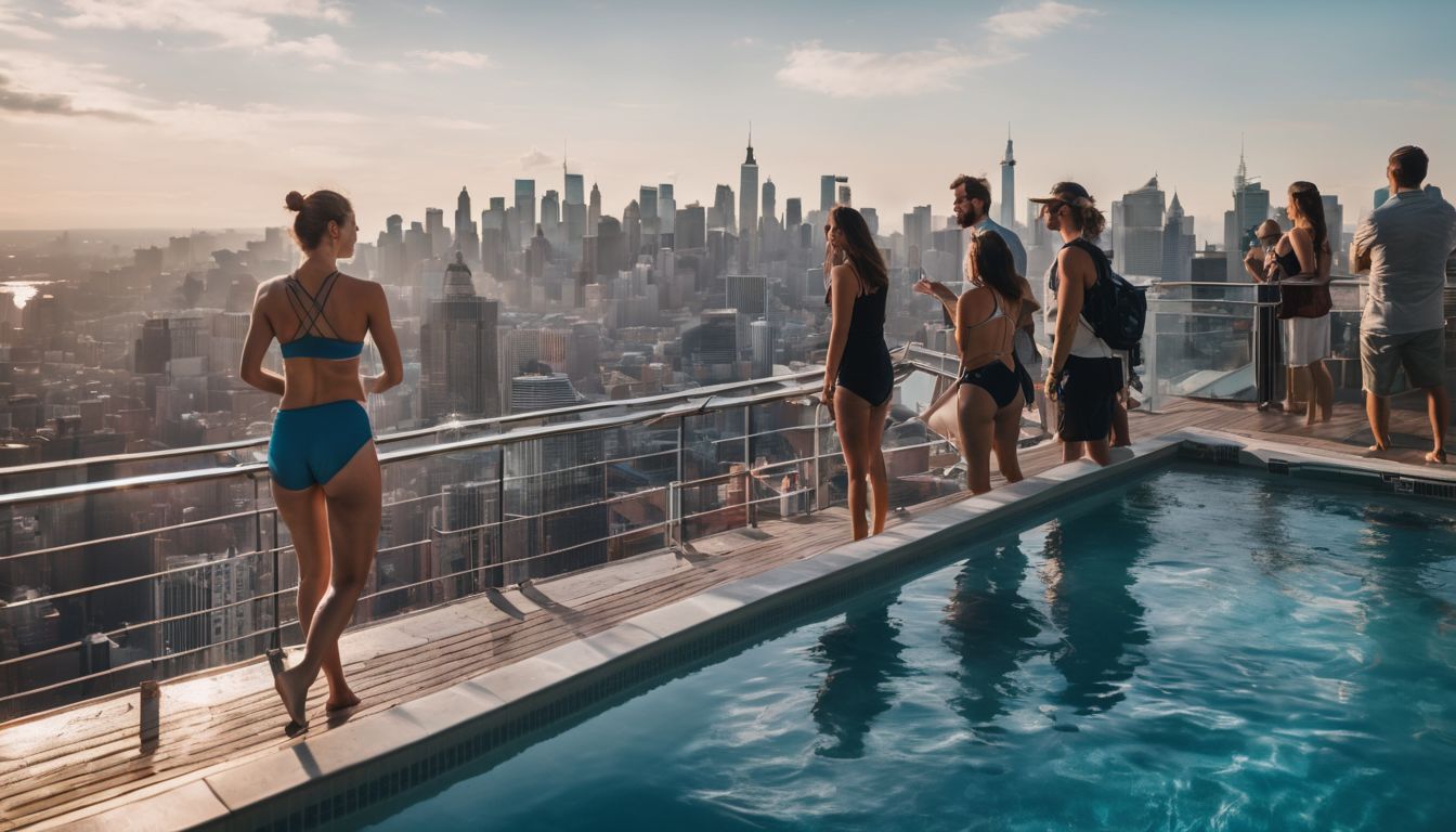 Eine Gruppe verschiedener Menschen genießt einen Pool mit Stadtblick.