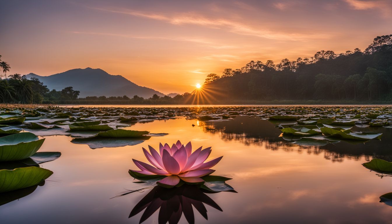 A serene lake with a floating lotus flower surrounded by nature.