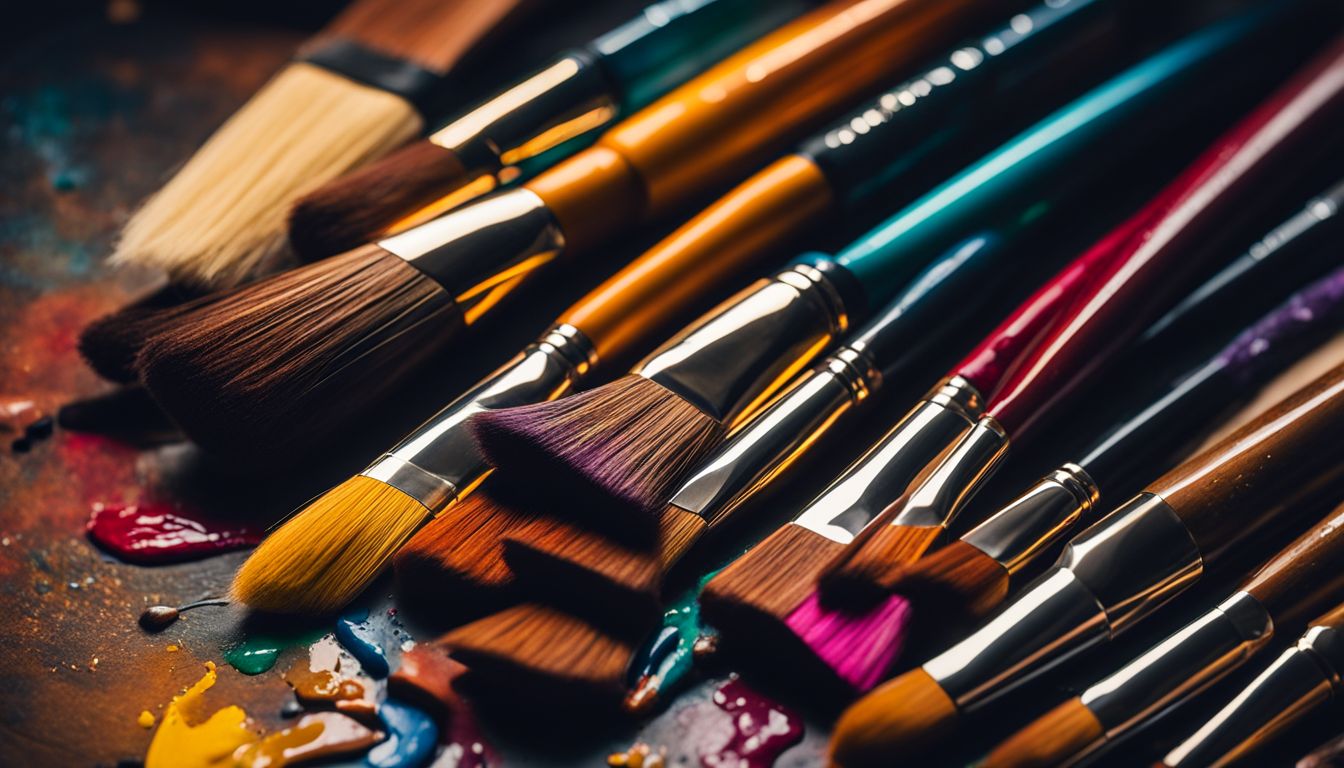Close-up shot of colorful paintbrushes on an artist's palette with unique subjects.