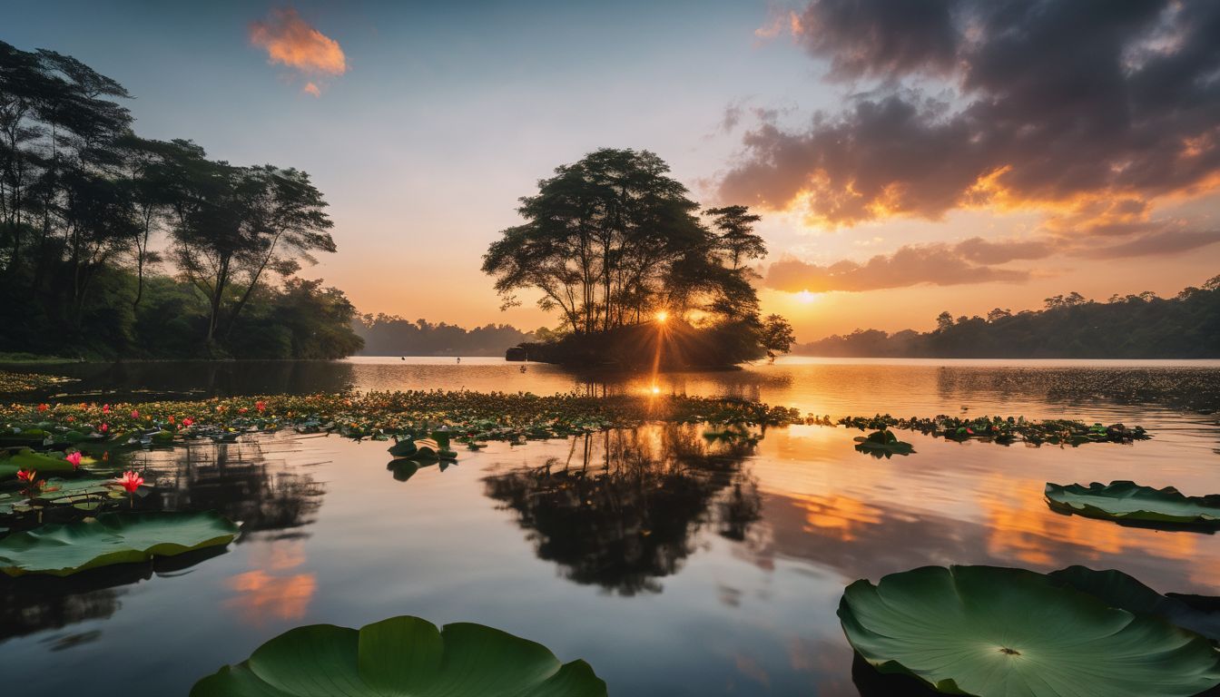 A serene sunset over a calm lake with floating lotus flowers.