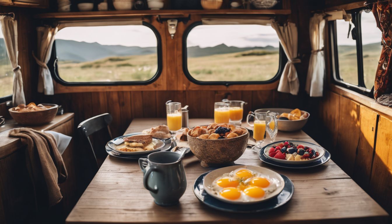 A photo of five breakfast dishes displayed in a cozy caravan interior.