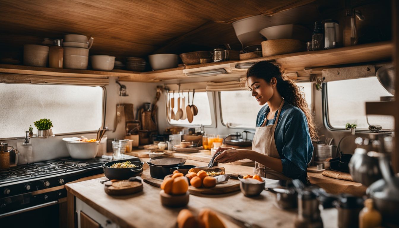 A woman cooking breakfast in a caravan kitchen surrounded by ingredients and utensils.