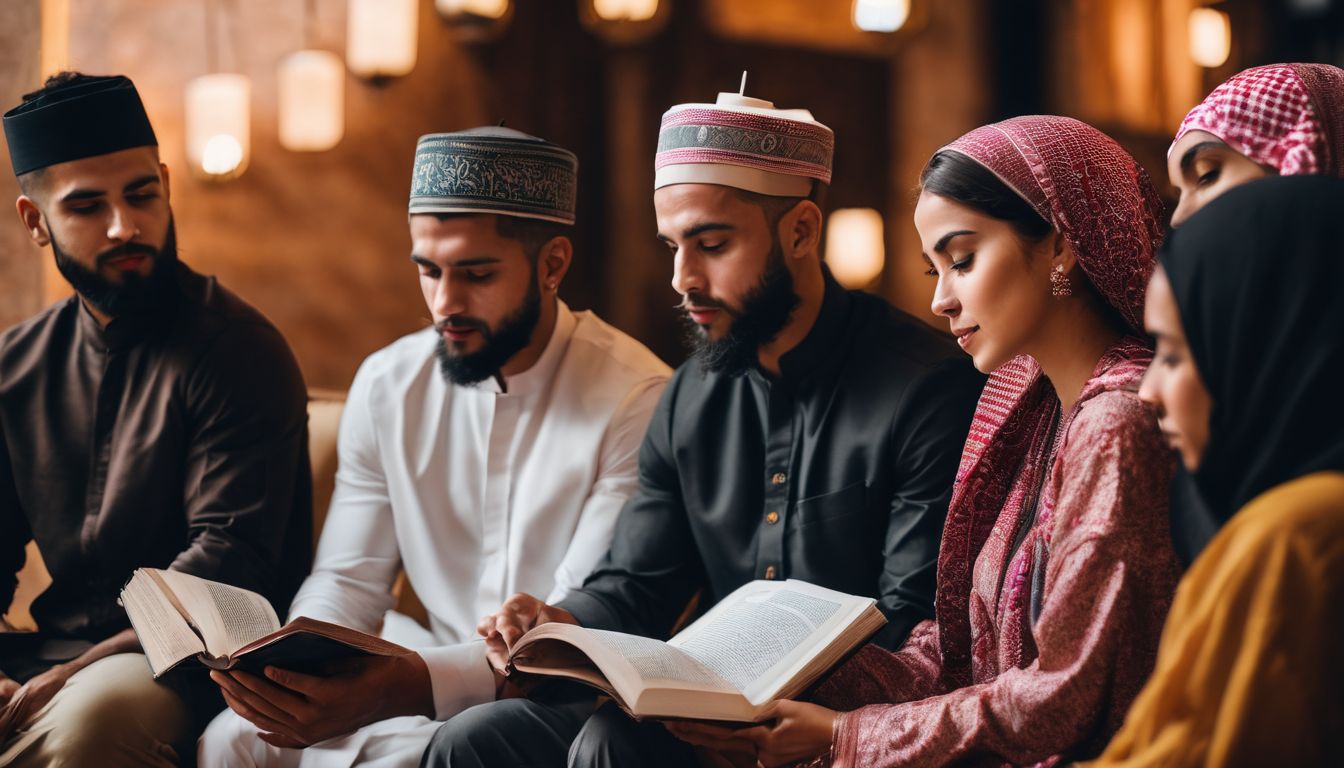 A diverse group of people sharing and reading Ramadan quotes together.