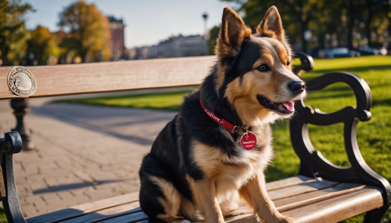A dog sitting on a park bench with various people and surroundings.