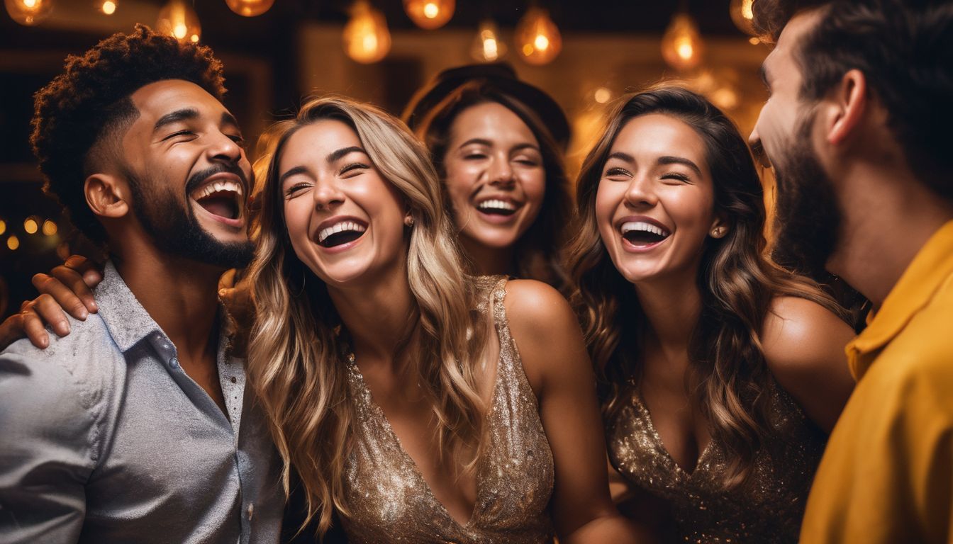 A group of friends share laughter and camaraderie at a party.