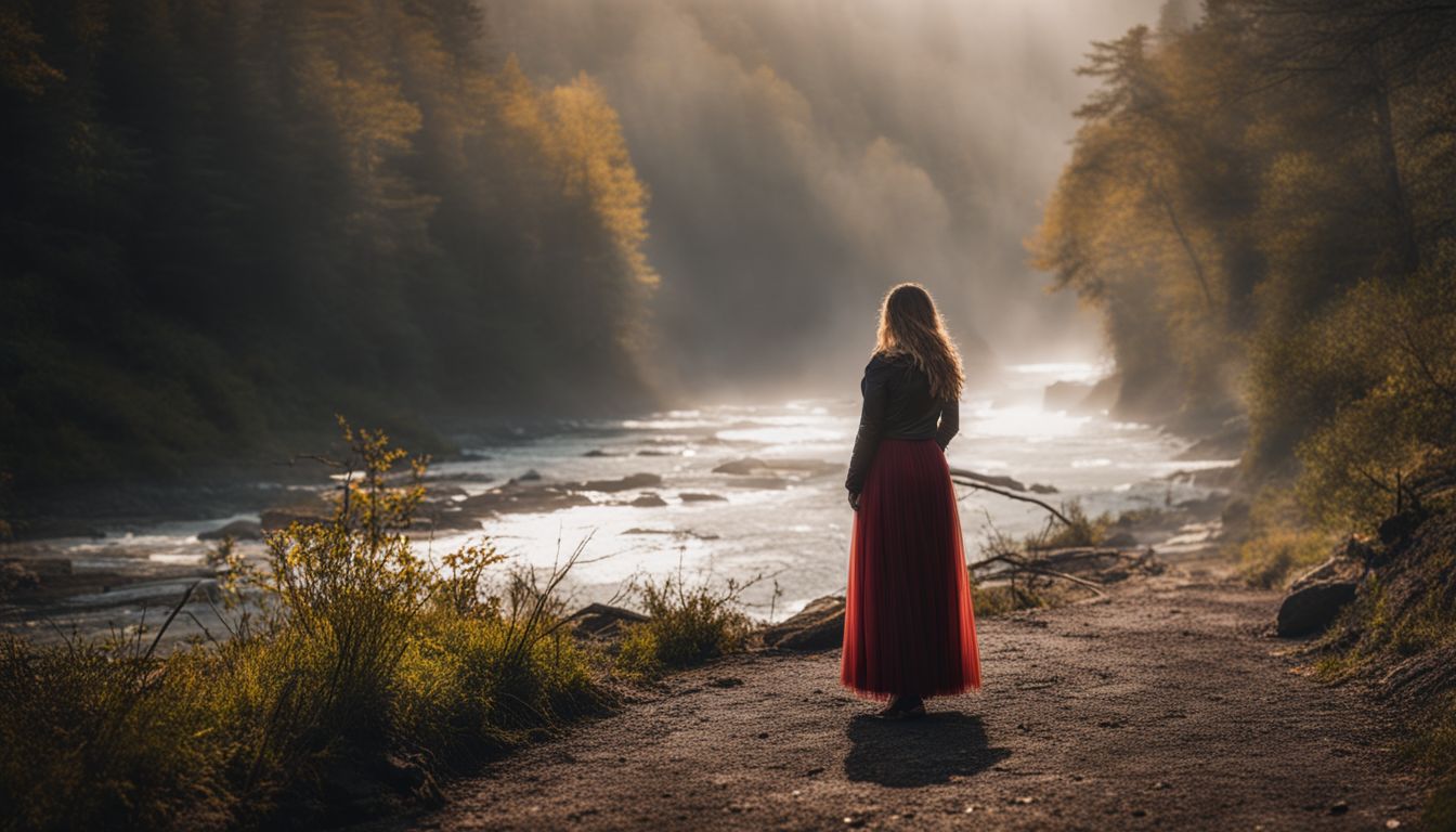 A woman stands alone by a misty river, crying tears.