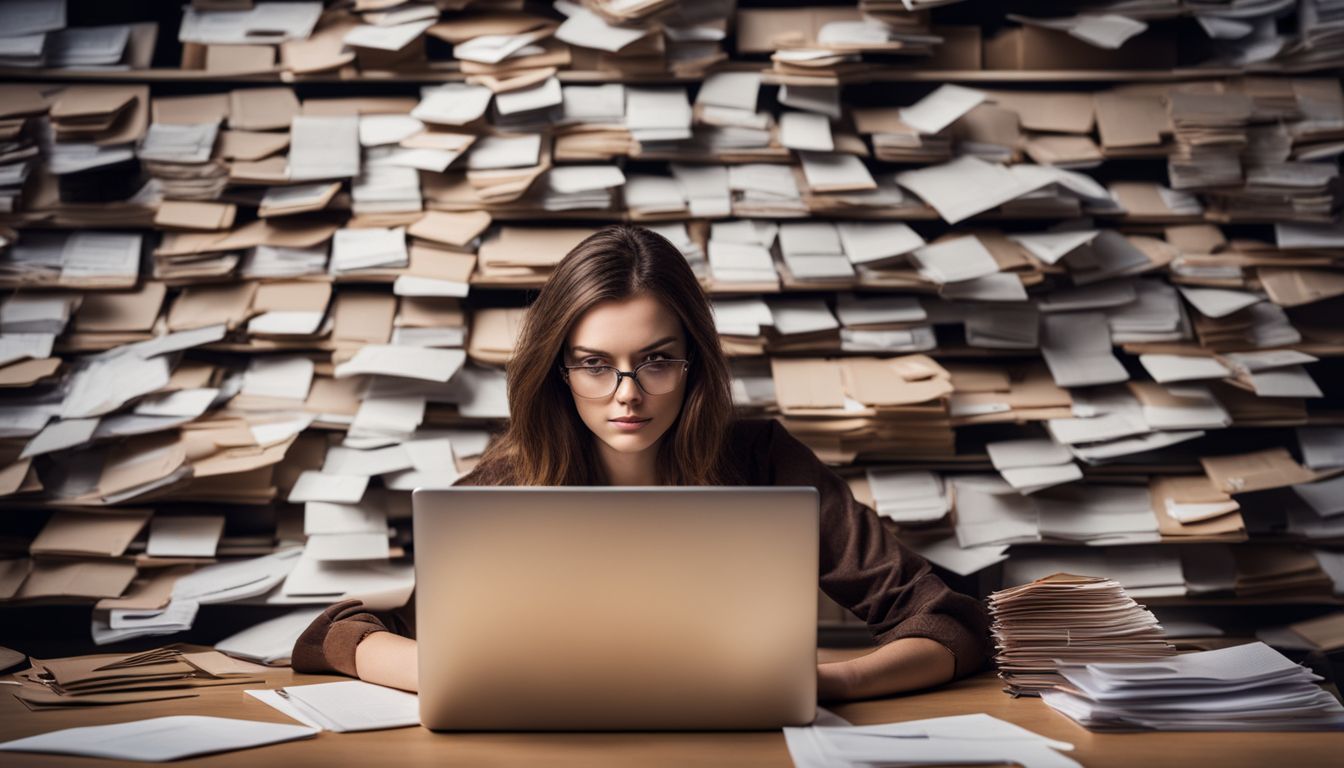 A person working at a desk surrounded by email organization.