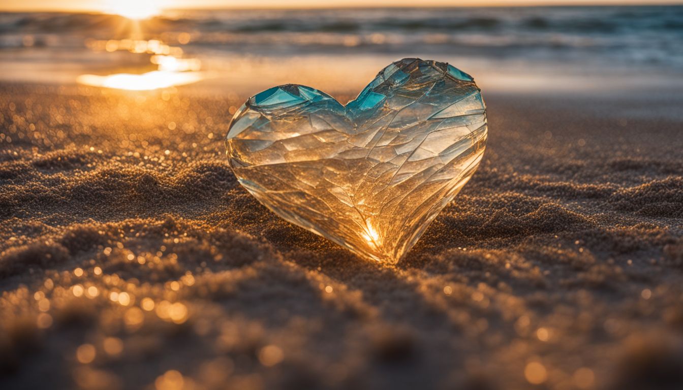 A broken heart made of shattered glass on a deserted beach.