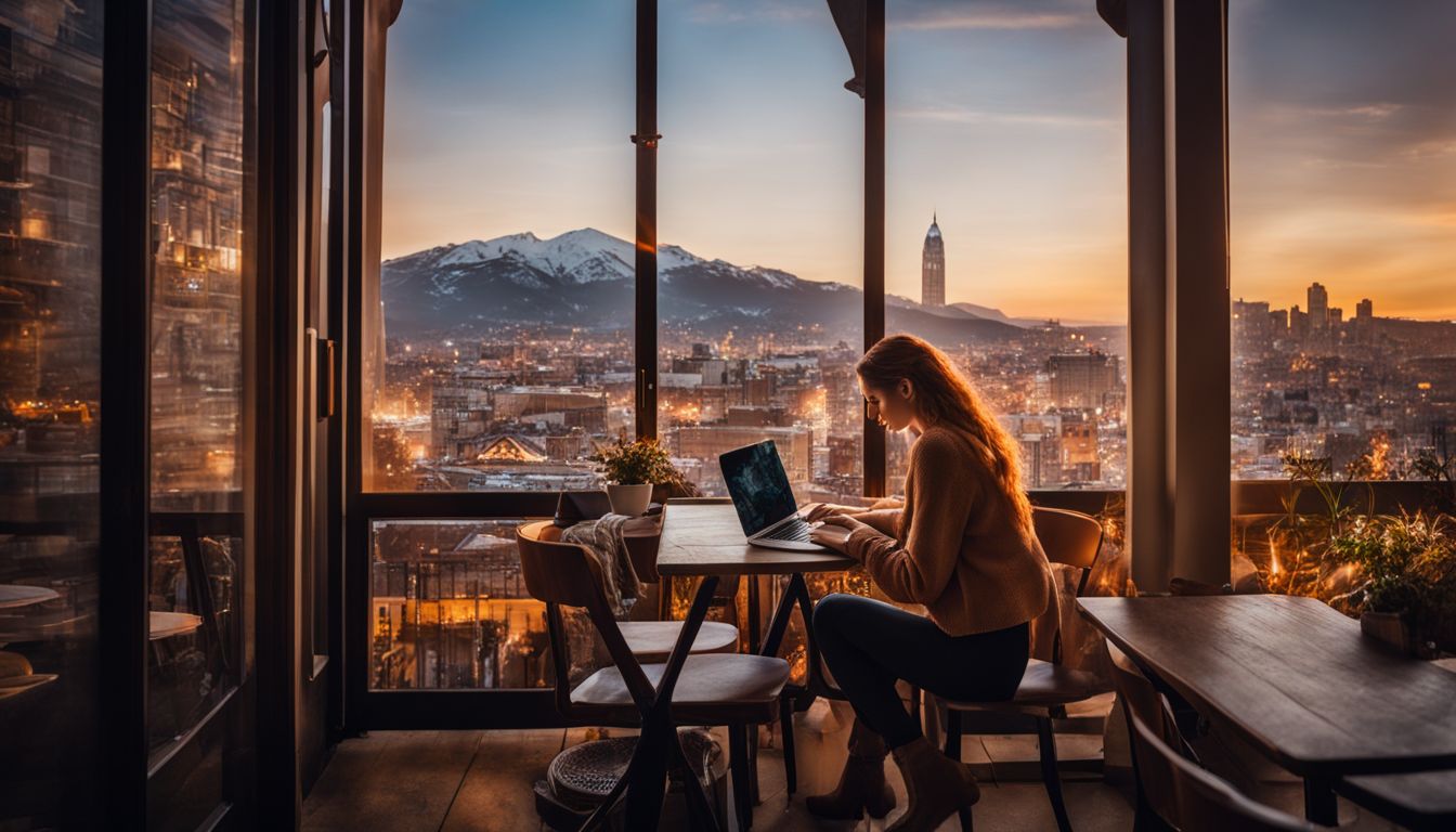 A person working on a laptop at a cozy cafe with a scenic cityscape view.