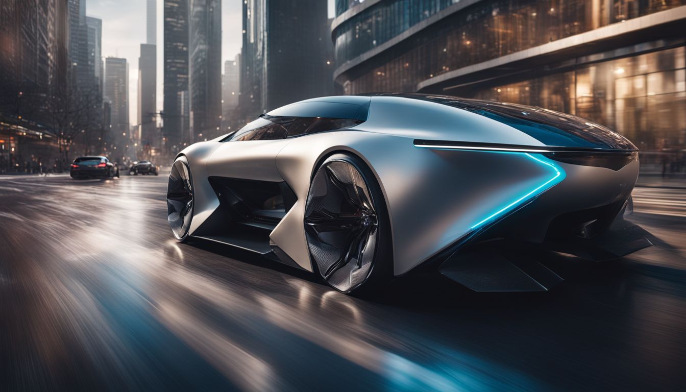 A futuristic concept car surrounded by drone technology in a bustling cityscape, showcasing a variety of fashion and hairstyles.