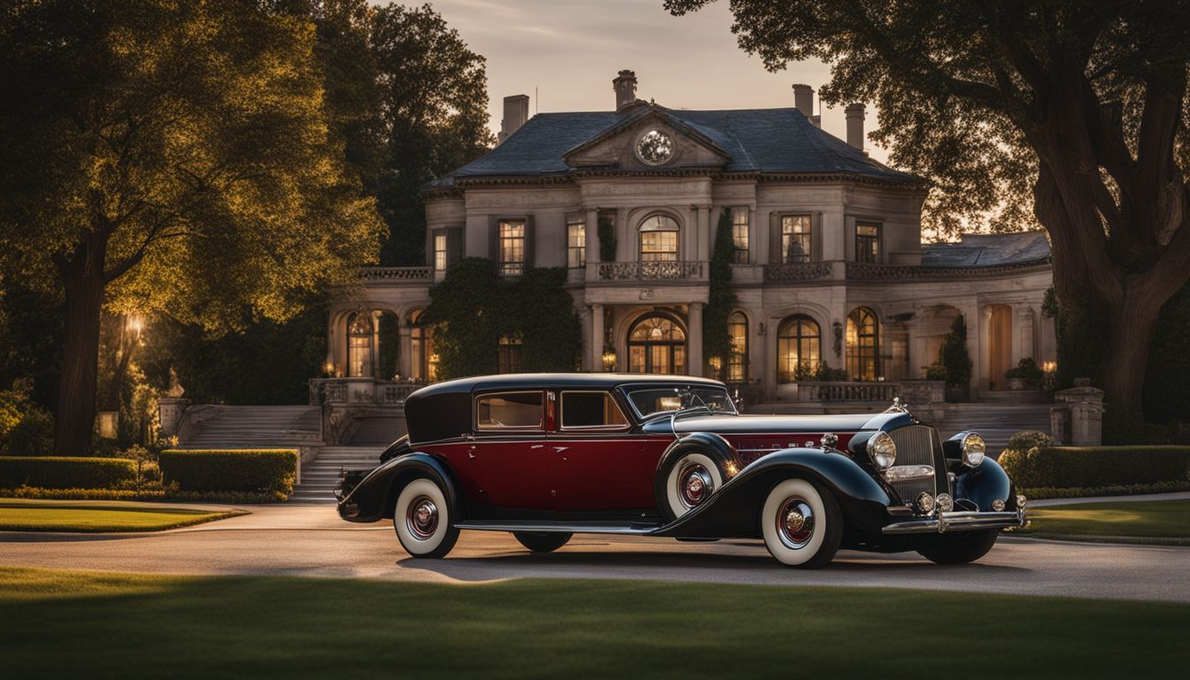 A vintage Packard car parked in front of a grand mansion.