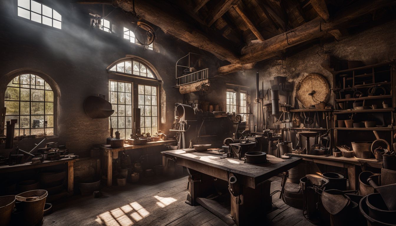 An authentic 18th-century blacksmith workshop surrounded by tools and horse-drawn vehicles.