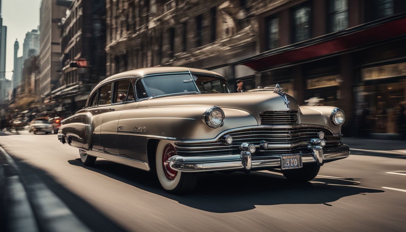 A vintage Packard car drives down a bustling city street.