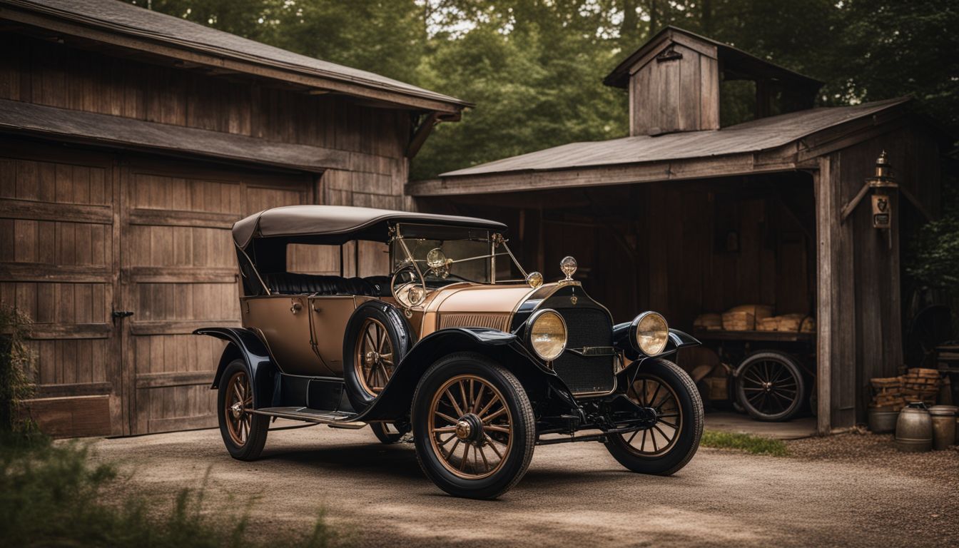 A vintage car parked in front of a rustic garage.