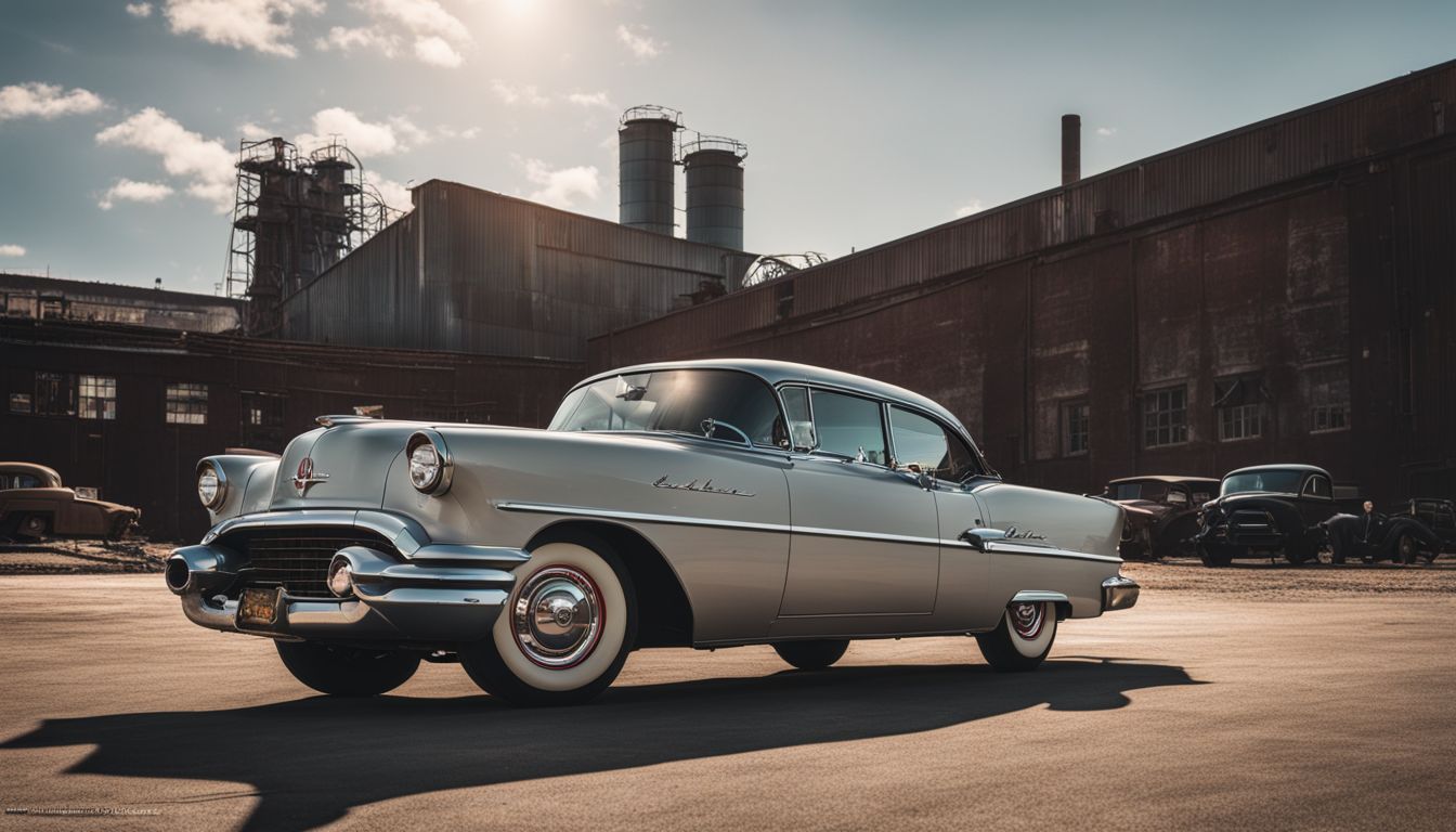 The Oldsmobile Six parked in front of a vintage factory.