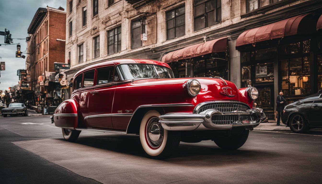A vintage red Oldsmobile parked in a bustling 1930s cityscape.