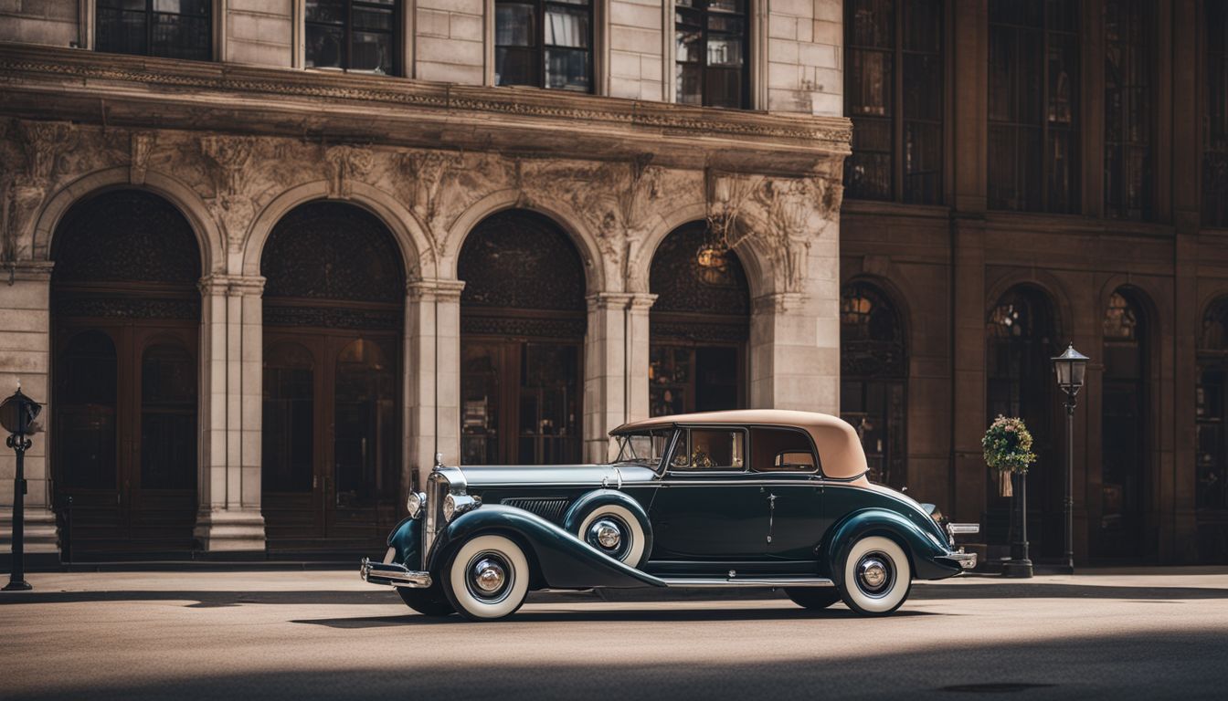 A vintage Packard car parked in front of a historic building.