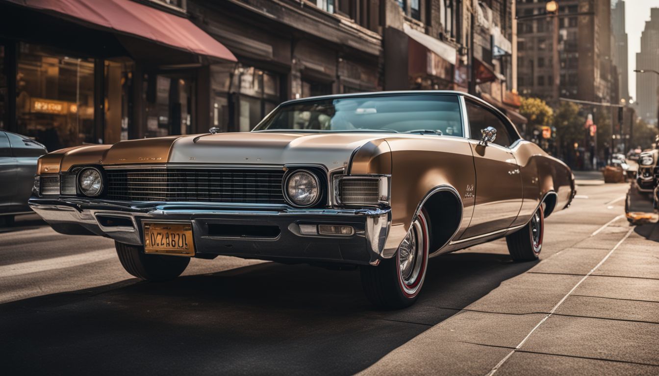 A vintage Oldsmobile Cutlass parked on a vibrant city street.