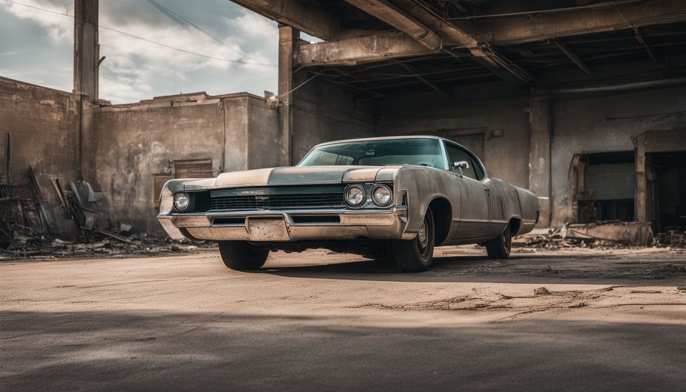 A deserted Oldsmobile car in an abandoned urban setting.