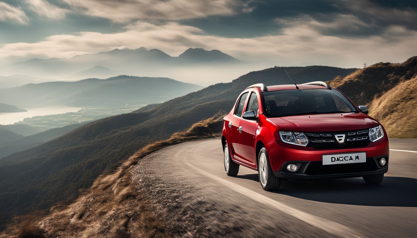 A red Dacia Logan drives through a scenic mountain road.