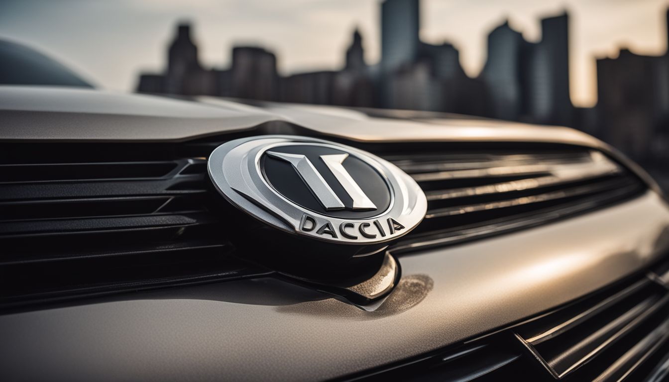 A close-up photo of a Dacia car emblem in a bustling cityscape.