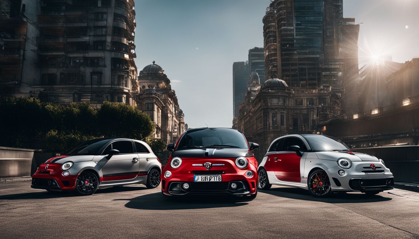 Three Abarth models parked in a futuristic cityscape, in motion.