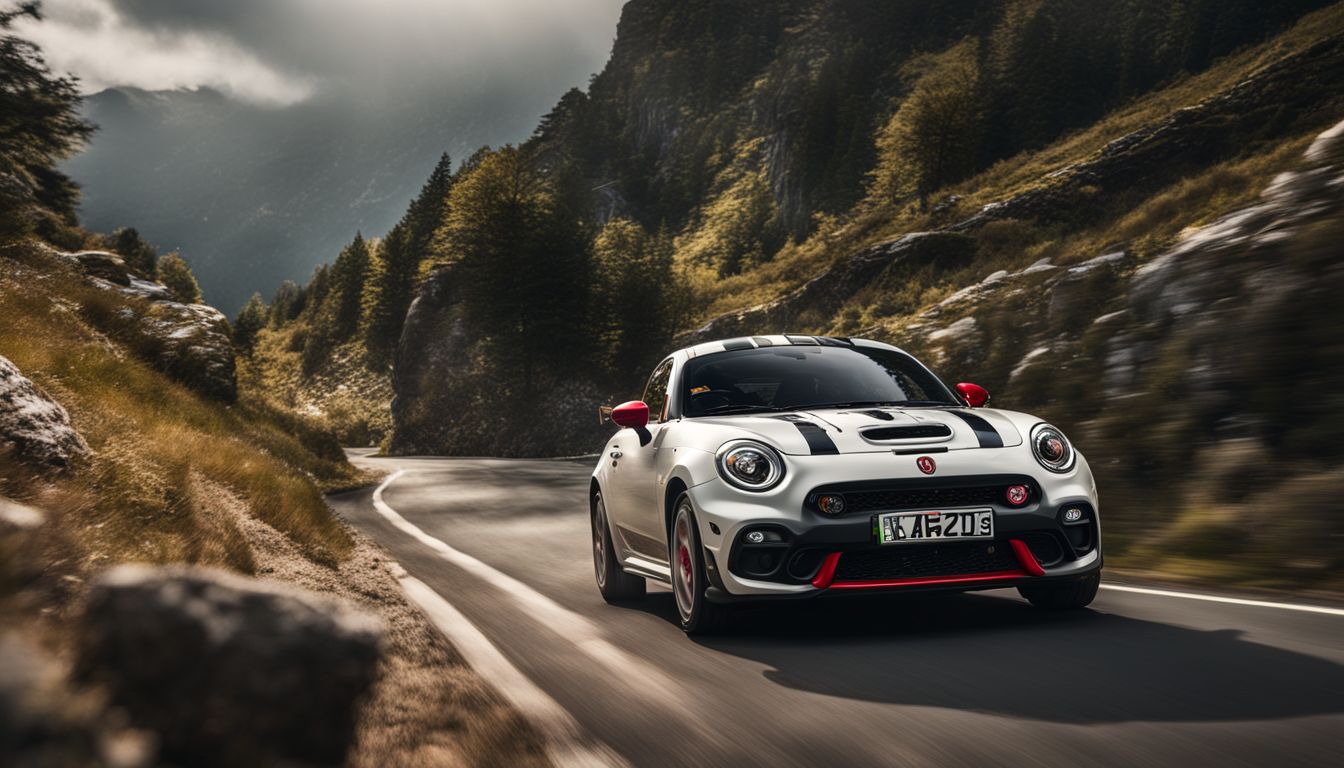 Abarth car races on a scenic mountain road with bustling atmosphere.