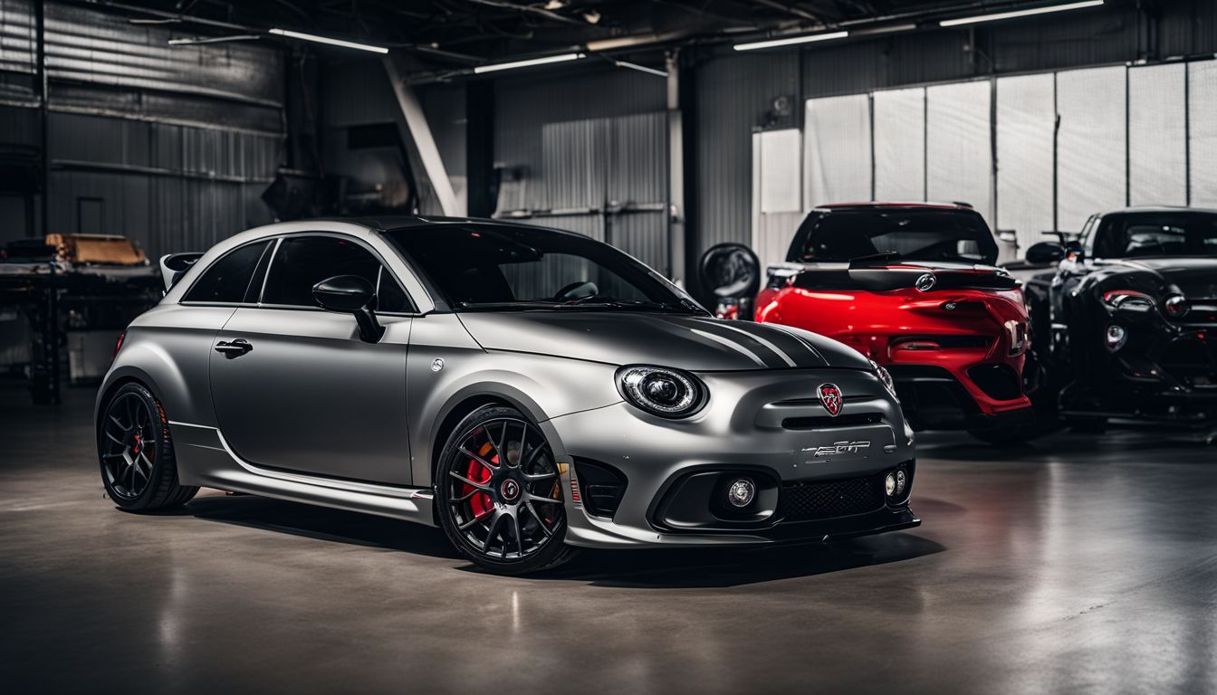 A high-performance exhaust system and engine upgrades displayed alongside a sleek Abarth vehicle.