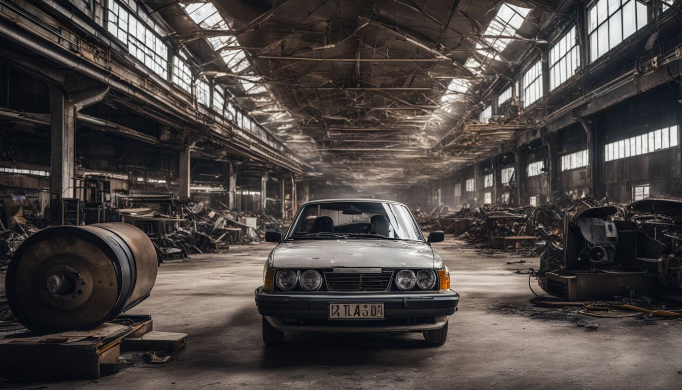 An abandoned Saab factory with broken machinery, captured in a cinematic style.