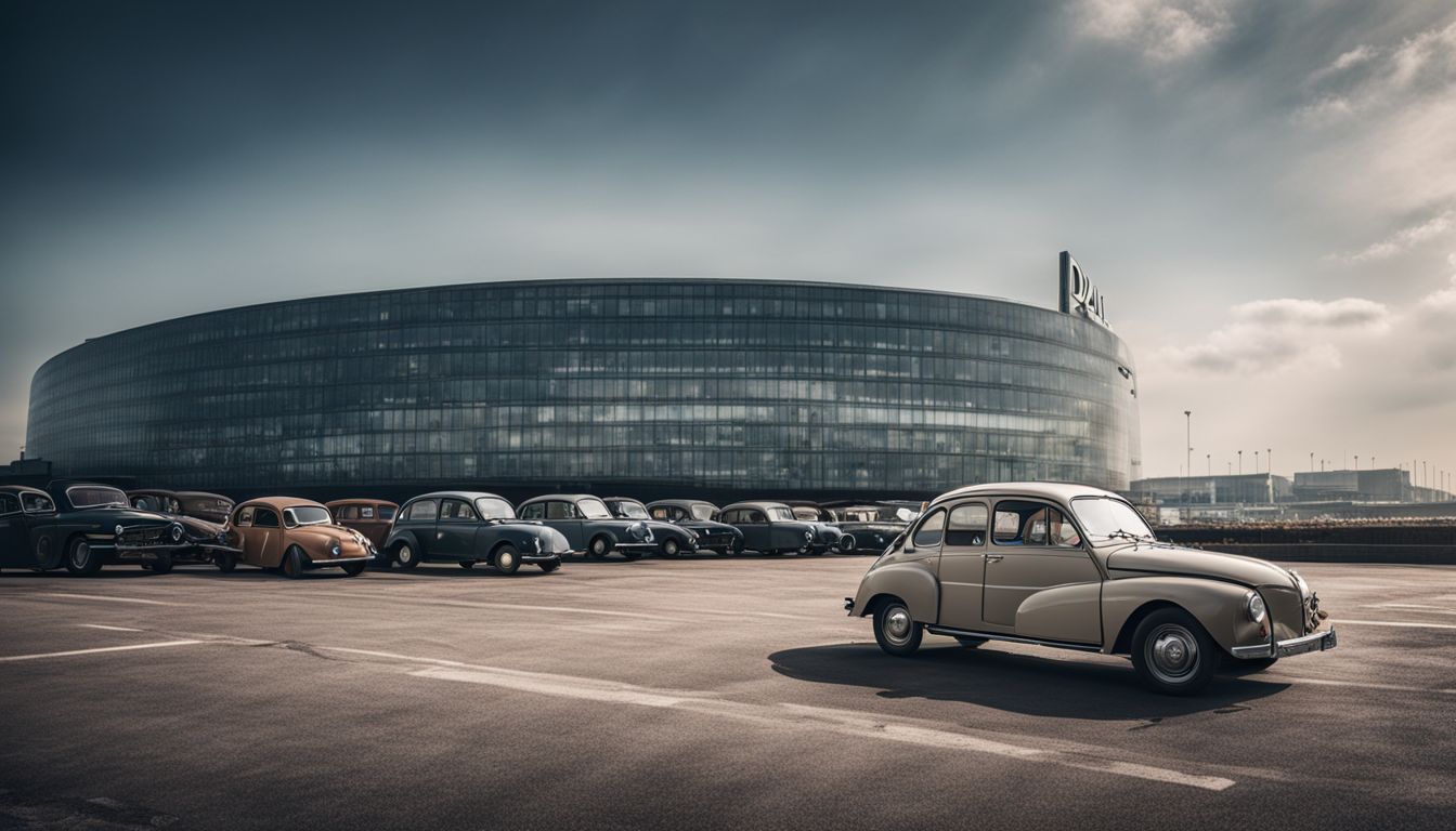 A vintage Renault car parked in front of the Dacia factory.