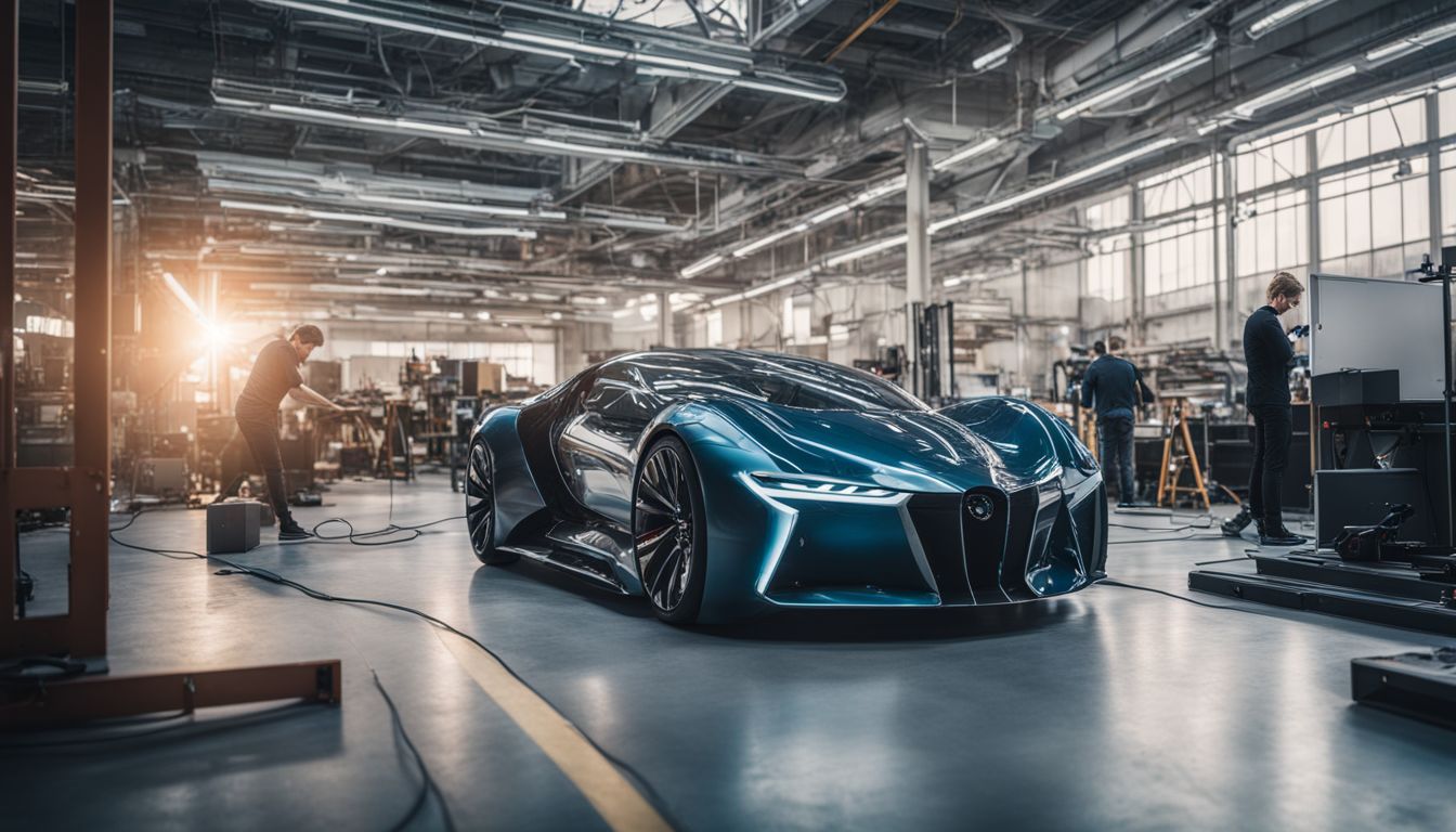 A futuristic car being built using advanced production technologies in a bustling cityscape.