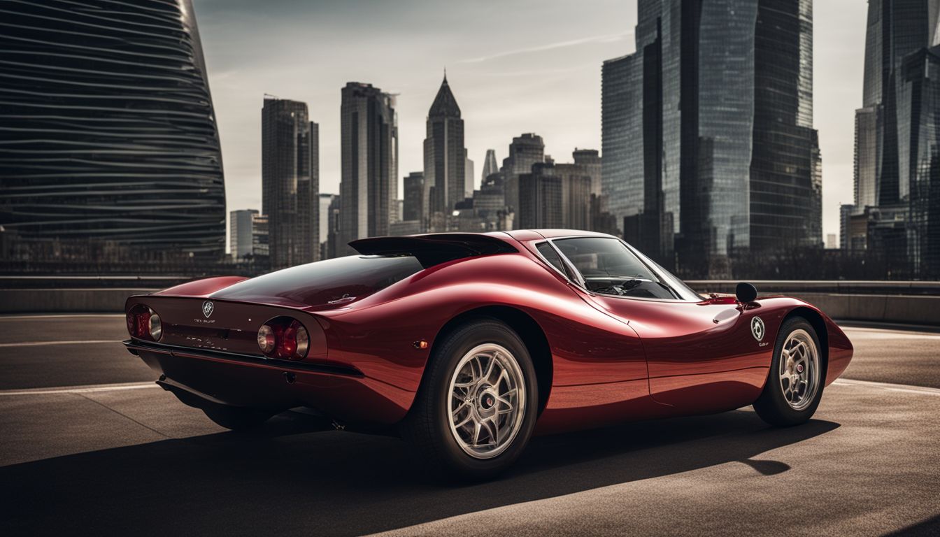 A close-up shot of the sleek and shiny exterior of the Alfa Romeo 33 Stradale with a cityscape in the background.