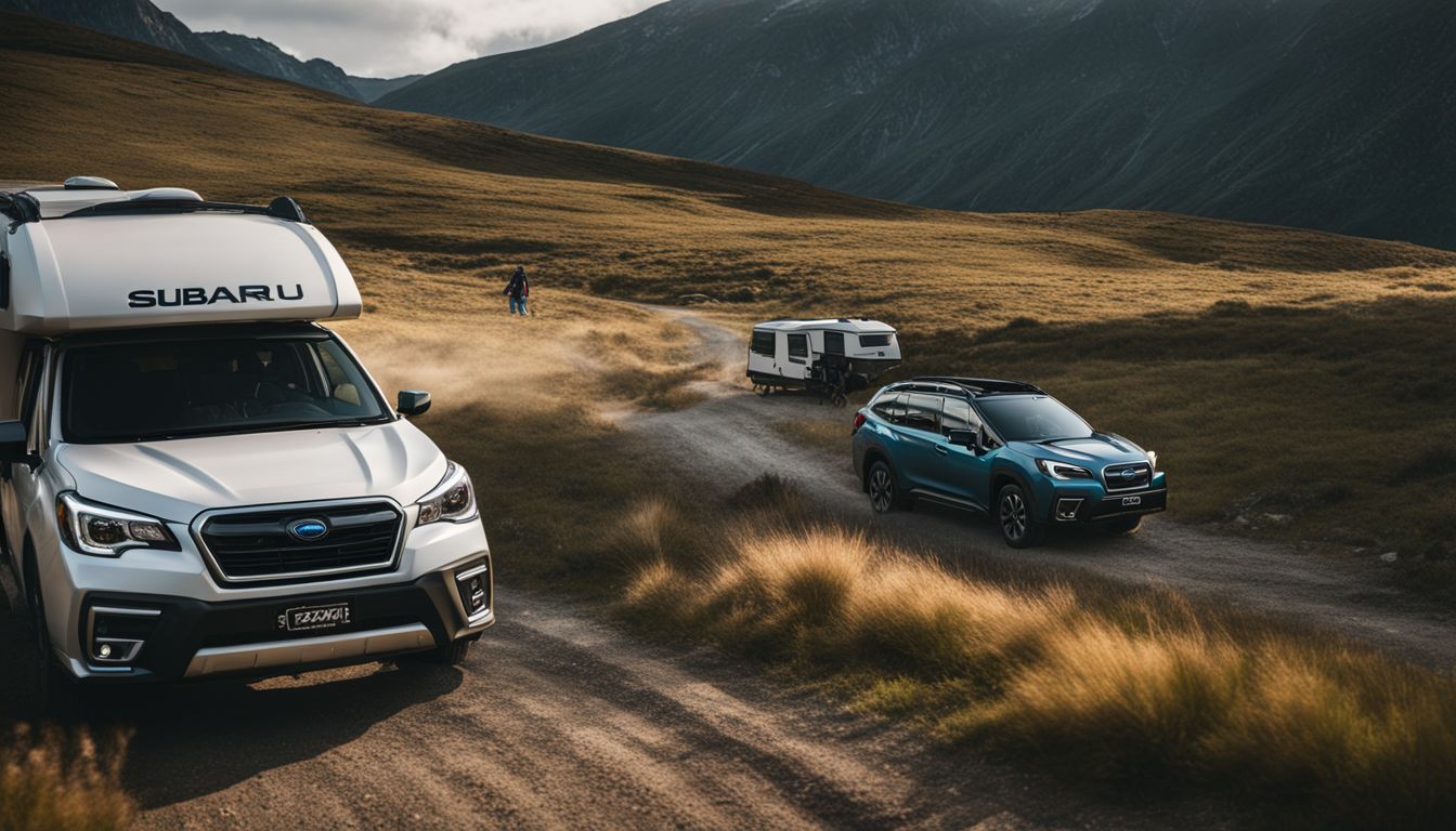 A Subaru SUV tows a camper in a scenic landscape.